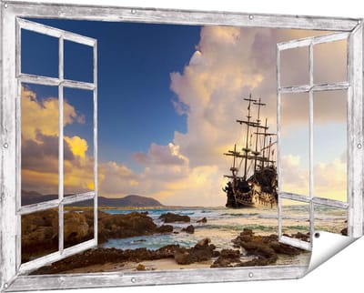 Gards Tuinposter Doorkijk Piratenschip aan de Kust bij Zonsondergang - 150x100 cm - Tuindoek - Tuindecoratie - Wanddecoratie buiten - Tuinschilderij