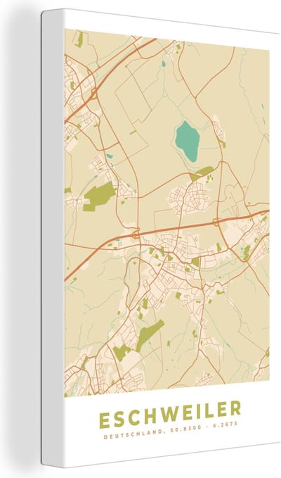 Canvas Schilderij Stadskaart - Eschweiler - Plattegrond - Vintage - Kaart - 20x30 cm - Wanddecoratie