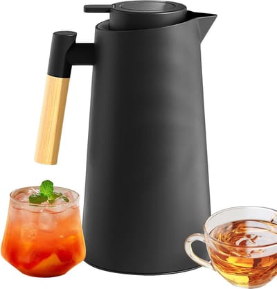 Thermische karaf - Drankdispenser warmwatercontainer - Dranken warm houden - Robuust houten handvat - 1000 ml - Zwart