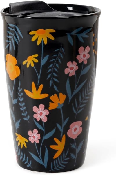 Elegante Dubbelwandige Reismok met Deksel, 285ml Herbruikbare Koffiebeker met Zwart Bloemenpatroon, Perfect voor Koffie, Thee en Cadeaus