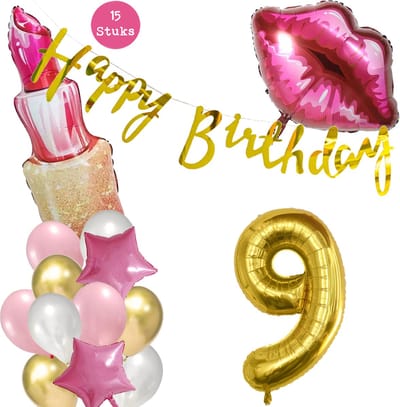 Snoes Beauty Helium Ballonnen Set 9 Jaar - Roze Folieballonnen - Slinger Happy Birthday Goud