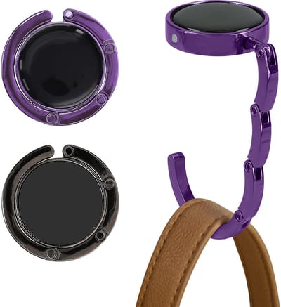 kwmobile tashanger voor tafels - 2 stuks - Uitvouwbare tassenhanger - Draagbare Tassenhaak - Hang je tas veilig op in restaurant en bar - In zwart / magenta-lila
