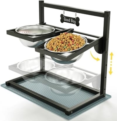 Verstelbare Verhoogde Hondenvoerbak Standaard met 2 Roestvrijstalen Bakken en Anti-Slip Mat - 4 Hoogtes en Kantelbare Design voor Gezonde Eetpositie - Geschikt voor Puppy's en Volwassen Honden