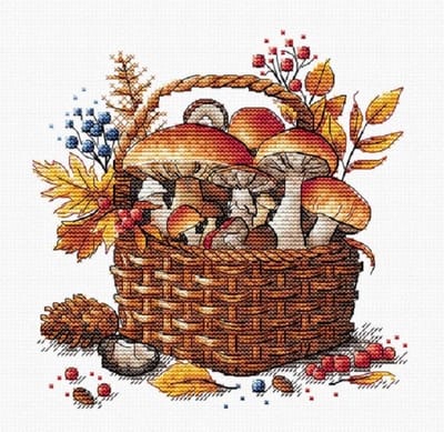 Borduurpakket AVA Stitch - Basket of Autumn Mushrooms - Mand met Herfst Paddestoelen - telpatroon