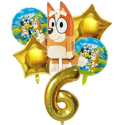 6 stuks Familie Bluey Aluminium Ballon Cartoon Bingo Activiteit Speelgoed Blauw Gouden Ster Ballon Decor Verzameling Verjaardag Viering Baby Douche Benodigdheden As Picture