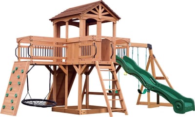 Backyard Discovery Sterling Point Speeltoestel met 3 Schommels en Glijbaan – Klimmuur & rotswand – Trapeze - Zandbak – Loopbrug