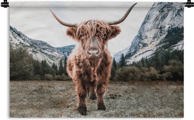 Wandkleed - Wanddoek - Schotse Hooglander - Berg - Dieren - 180x120 cm - Wandtapijt