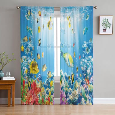 Marien Leven Vis Koraal Bubbels Tule Gordijnen Voor Woonkamer Huisdecoratie Raamgordijn Keuken Transparant Voile Gordijn 135W x 114H(cm) blue