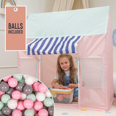 Selonis Kindertent Speelhuisje Met 100 Ballen Opvouwbaar IJssalon Voor Kinderen Speeltent Gemakkelijk Op te zetten Stimuleert Verbeeldingskracht En Creativiteit Ideaal Voor Binnen En Buiten, Roze-Mint:Wit/Grijs/Mint/Poederroze