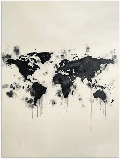 Poster 120x160 cm - Wereldkaart - Zwart - Inkt - Posters - Kamer decoratie - Wanddecoratie woonkamer - Muurdecoratie slaapkamer XXL