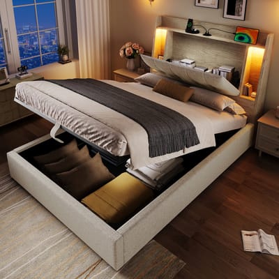 Polsterbed - 90x200 cm - Met USB-C Oplaadfunctie - Opklapbare Opbergruimte - Linnen - Beige