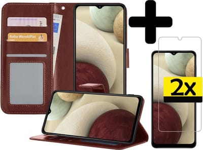 Hoesje - Met 2x Screenprotector - Geschikt voor Samsung Galaxy A12 - Luxe Pasjeshouder - Bookcase Portemonee - Flip Case - Kunstleer Book Case - Flipcase Hoes - Book Cover - Walletcase - Portemonneehoes - Telefoonhoesjes - Bruin