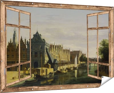 Gards Tuinposter Doorkijk De Waag en de Kraan aan het Spaarne te Haarlem - Gerrit Adriaensz Berckheyde - 180x120 cm - Tuindoek - Tuindecoratie - Wanddecoratie buiten - Tuinschilderij