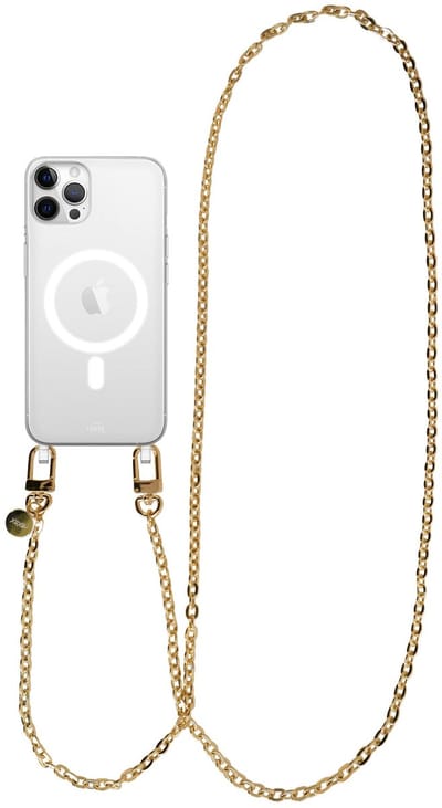 xoxo Wildhearts magnetisch hoesje geschikt voor iPhone 12 Pro Max MagSafe - Dreamy - Transparant telefoonhoesje met koord - Telefoonkoord - Gouden schakelketting - Lang koord