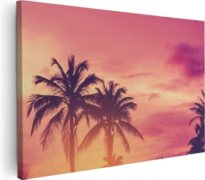 Artaza Canvas Schilderij Zonsondergang Strand - 30x20 cm - Klein - Wanddecoratie Palmboom - Muurdecoratie Zee - Kamer Accessoires