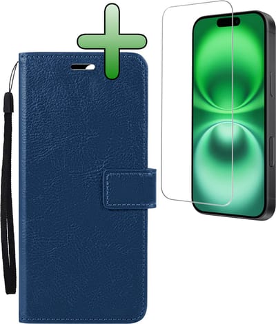 Hoesje Met Screenprotector - Geschikt voor Apple iPhone 16 - Luxe Pasjeshouder - Bookcase Portemonee - Flip Case - Kunstleer Book Case - Flipcase - Book Cover - Walletcase - Portemonneehoes - Donkerblauw