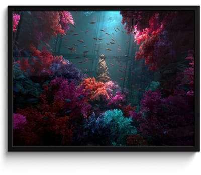 Poster in lijst - Fotolijst 80x60 cm - Posters - Standbeeld - Zeebodem - Koraal - Kleurrijk - Posterlijst zwart - Decoratie - Wanddecoratie woonkamer - Muurdecoratie slaapkamer