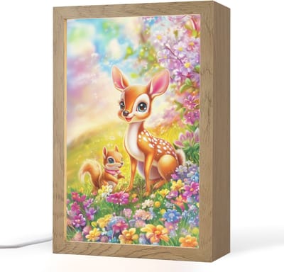 Nachtlampje 20x30 cm - Kinder lampje - Hertje - Eekhoorn - Bloemenveld - Kleurrijk - Tafellamp kinderkamer - Slaapkamer lamp - Bedlamp kinderen - Kinderlampje stopcontact - Wandlamp babykamer - Nachtlampjes