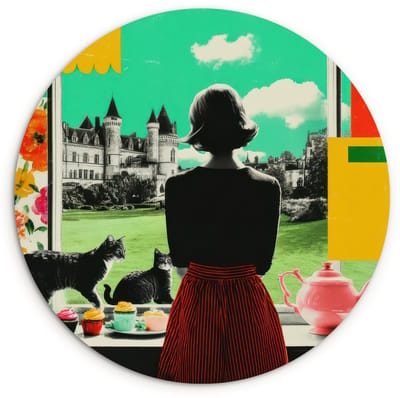 WallCircle® Wandcirkel 120x120 cm - Muurcirkel Vrouw - Keuken - Katten - Doorkijk - Muurdecoratie woonkamer - Wanddecoratie slaapkamer - Kamer decoratie accessoires - Ronde schilderijen XXL