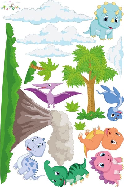 Muurstickers - Dinosaurussen en de vulkaan - Zelfklevende stickers - 105x70cm