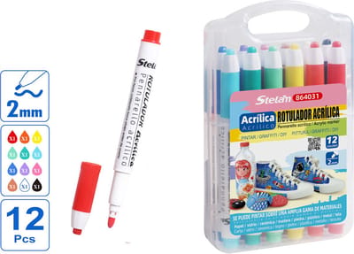 Decopatent - Acryl Marker Verfstiften - 12 STUKS - Textielstiften voor kinderen - Textielstift - Textielmarkers - Kledingstiften - Acrylstiften Tekenset- Voor het beschilderen van kleding, schoenen, stenen, rotsen, hout, stof, keramiek, glas