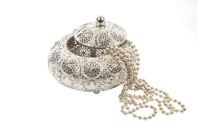 Oosterse Metalen Sieradendoos zilver rond | Juwelendoosje | bewaarblik | Juwelenkistje | Sieradenkistje | Kaarsenhouder | Sieradendoos metaal 16X13CM
