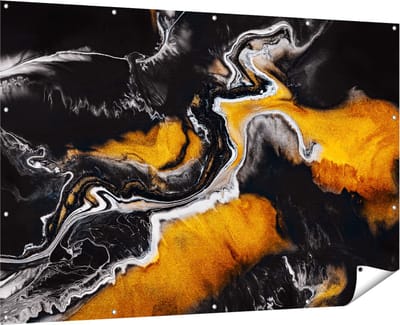 Gards Tuinposter Abstracte Kunst van Zwarte Gouden Verf - 180x120 cm - Tuindoek - Tuindecoratie - Wanddecoratie buiten - Tuinschilderij