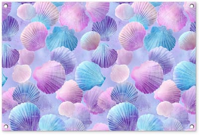 Tuinposter 90x60 cm - Tuindecoratie Schelpen - Paars - Blauw - Patroon - Poster voor in de tuin - Buiten decoratie - Schutting tuinschilderij - Tuindoek muurdecoratie - Wanddecoratie balkondoek