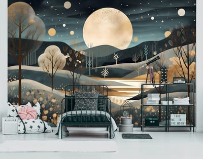 Vliesbehang - Fotobehang - Nacht - Landschap - Abstract - Kunst - Maan - Bomen - Bergen - 184x254 cm (Hoogte x Lengte)