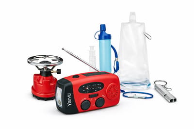 Yarvu ® Noodpakket - 6 in 1 Noodradio + 1 Pits Gaskoker + Waterfilterset + Noodfluit - Nood Pakket - Nood Radio - Rood