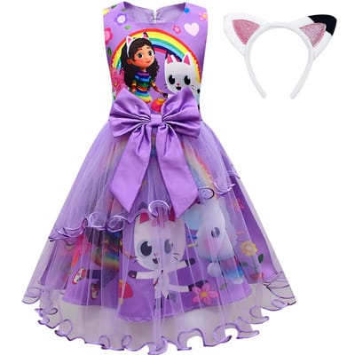 Costume Gabbys pour enfants avec Chapeau Sac Bandeau pour Cheveux G-Gabbys-Dollhouse Vêtements Robe Mercat Animaux Chat Souriant Voiture Chat Fille Gaby Robe 140(9-10Years) purple