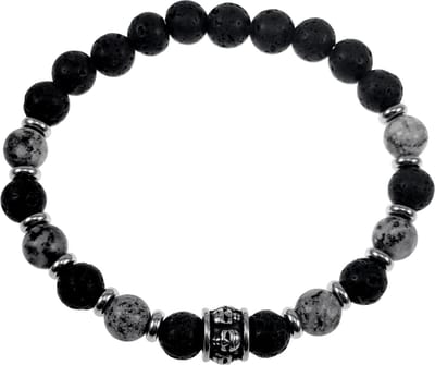 Elastische armband Heren - RVS Skull - Grijze en zwarte Natuursteen Armband - Kralen Armband