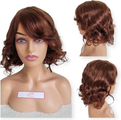 Frazimashop- Braziliaanse Remy Dames pruiken- 12 inches- 3cm- Golvend haar- met pony -kleur 33 Kastanje - Echthaar- Machine- Pruik