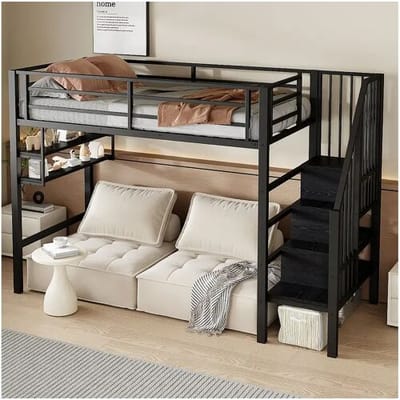 Hauss Spole Kindermezzaninebed 90x200cm in zwart metaal, met trap en opbergplanken, inclusief bedbodem, zonder matras