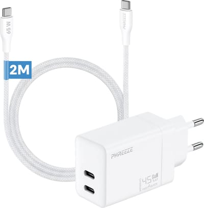 Phreeze usb C oplader 45w met usb C naar usb C kabel 2 meter - Snellader met 2 usb C poorten - PPS fast charger