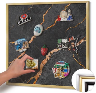 Wallfluent - Zwart Magneetbord met Patronen - 50 cm x 50 cm - Magneetbord met Gouden Frame - Versierd donker marmer - Magnetisch Bord Kindvriendelijk - Magnetisch Bord Rechthoekig - Memobord Magnetisch