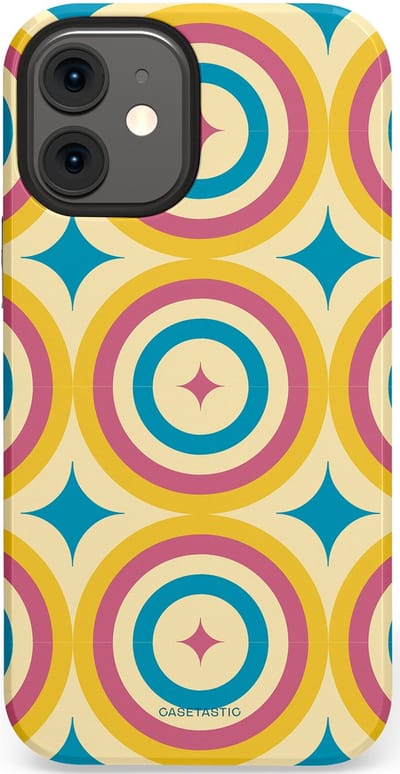 Casetastic hoesje geschikt voor Apple iPhone 12 Mini - Dubbellaagse bescherming - Swinging Retro Boogie Circles - Fashion Case - Crème Goud Lichtblauw Koraal