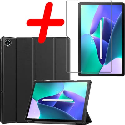 Hoesje Geschikt voor Lenovo Tab M10 Plus (3e / 3rd Generatie) - Met Screenprotector - Trifold Bookcase - Hard Cover - Hardcover Book Case - Tablet Hoes - Zwart