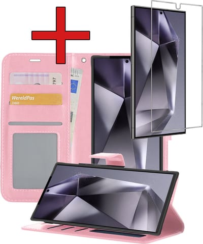 Hoesje - Met Screenprotector - Geschikt voor Samsung Galaxy S24 Ultra - Luxe Pasjeshouder - Flipcase - Bookcase Portemonee - Flip Case - Kunstleer Book Case - Book Cover - Walletcase - Portemonneehoes - Telefoonhoes - Lichtroze