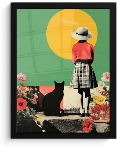 Poster in lijst - Fotolijst 30x40 cm - Posters - Retro - Meisje - Kat - Zon - Posterlijst zwart - Decoratie - Wanddecoratie woonkamer - Muurdecoratie slaapkamer