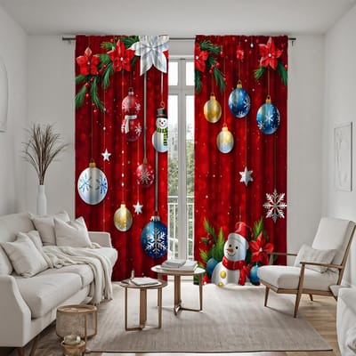 2 pièces Boule d'ambiance de Noël HD à suspendre rideau décoratif fleur rouge Rideau imprimé numériquement avec lien rouge Style de décoration intérieure D W52H63inchW132H160cm red