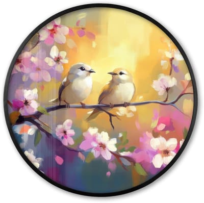 Poster in lijst Rond - Fotolijst 60x60 cm - Posters - Vogels - Bloemen - Roze - Ronde posterlijst zwart - Decoratie - Wanddecoratie woonkamer - Muurdecoratie slaapkamer