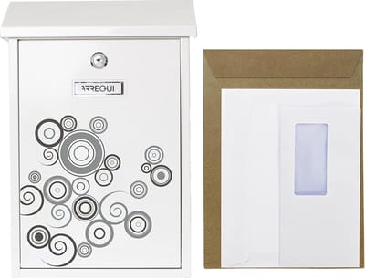 Premium Brievenbus van Verzinkt Staal met Gezeefdrukt Motief "Spark" | Formaat M (DIN A4 Post)| Wandbrievenbus voor Buiten met Valklep | Eenvoudige Montage | Wit met Grijs en Zwart