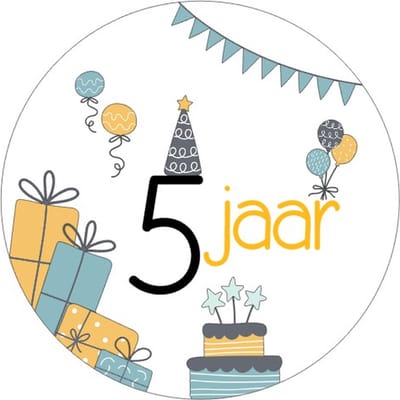 20x Sluitsticker 5 Jaar - Geel Blauw - 40 mm - Verjaardags sticker - Sluitzegel - Sticker Verjaardag jongens meisjes - Ballonnen - Cadeau's Kado's - Glossy - Sluitzegel - Wensetiket - Uitdelen - Jarig - Trakteren - Hoera