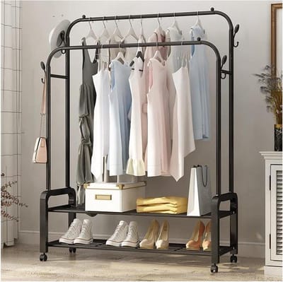 Kledingrek Dubbele Stangen - Kledingwagen Jas Standaard - Kleding Opbergen - Met Wielen en Remmen - 135 cm - Zwart
