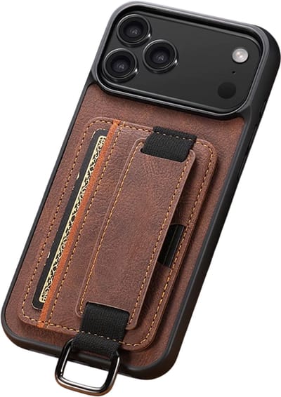 Premium Kunstleren iPhone 17 Hoesje – Geschikt voor iPhone 17 met Polsband, Ringgesp, Kaarthouder & Standfunctie – Veilig, Handig en Perfect voor Onderweg-Bruin