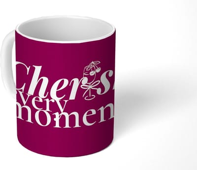 Mok - Koffiemok - Cherish every moment - Cocktailglas - Bordeaux - Mokken - 350 ML - Beker - Koffiemokken - Theemok - Mok met Tekst