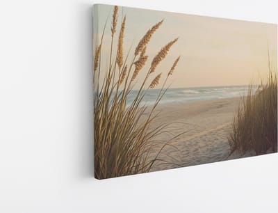Saammp Canvas Schilderij - Strand met planten - Zee - Duinen - 30x20 - Foto op canvas - Wanddecoratie - muurdecoratie Woonkamer - Slaapkamer decoratie - Canvas Print