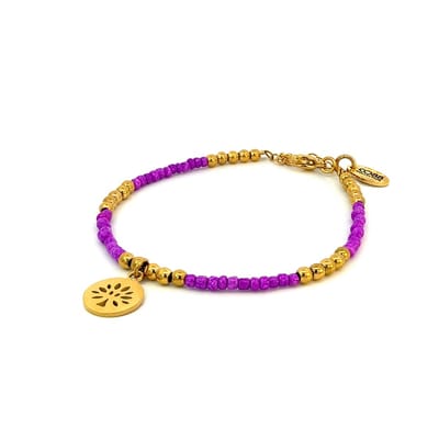 CO88 Colection 8CB-91014 Stalen Armband met Kralen - Dames - Goudkleurig - 3 mm - Fuchsia - 2,5 mm - Fantasie - 12 mm - 16,5 + 3 cm