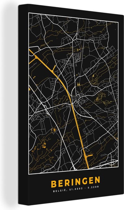 Canvas Schilderij Beringen - Stadskaart - Plattegrond - Goud - Kaart - 20x30 cm - Wanddecoratie